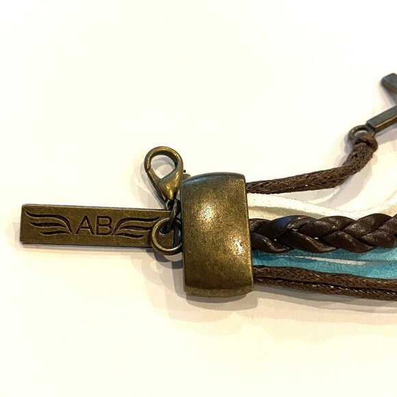 Brown White Aqua Love Cross Anchor Leather Wrap Bracelet 8” - Picture 3 of 3